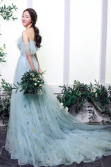 Blue Spaghetti Strap Tulle Long Prom Dress, A-Line Blue Evening Dress
