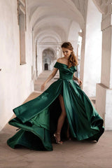 Green Satin Long A-Line Prom Dress, Off the Shoulder Evening Dress with Slit