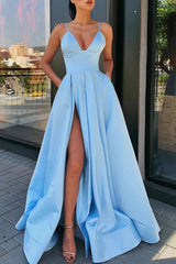 Simple Satin Long A-Line Prom Dress, V-Neck Evening Dress with Slit