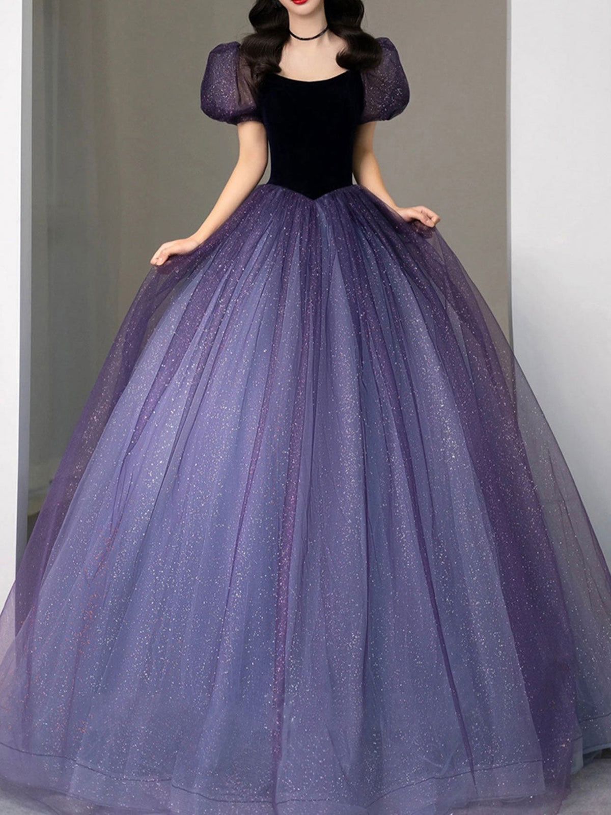 Purple tulle sequin long prom dress, purple evening dress