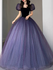 Purple tulle sequin long prom dress, purple evening dress