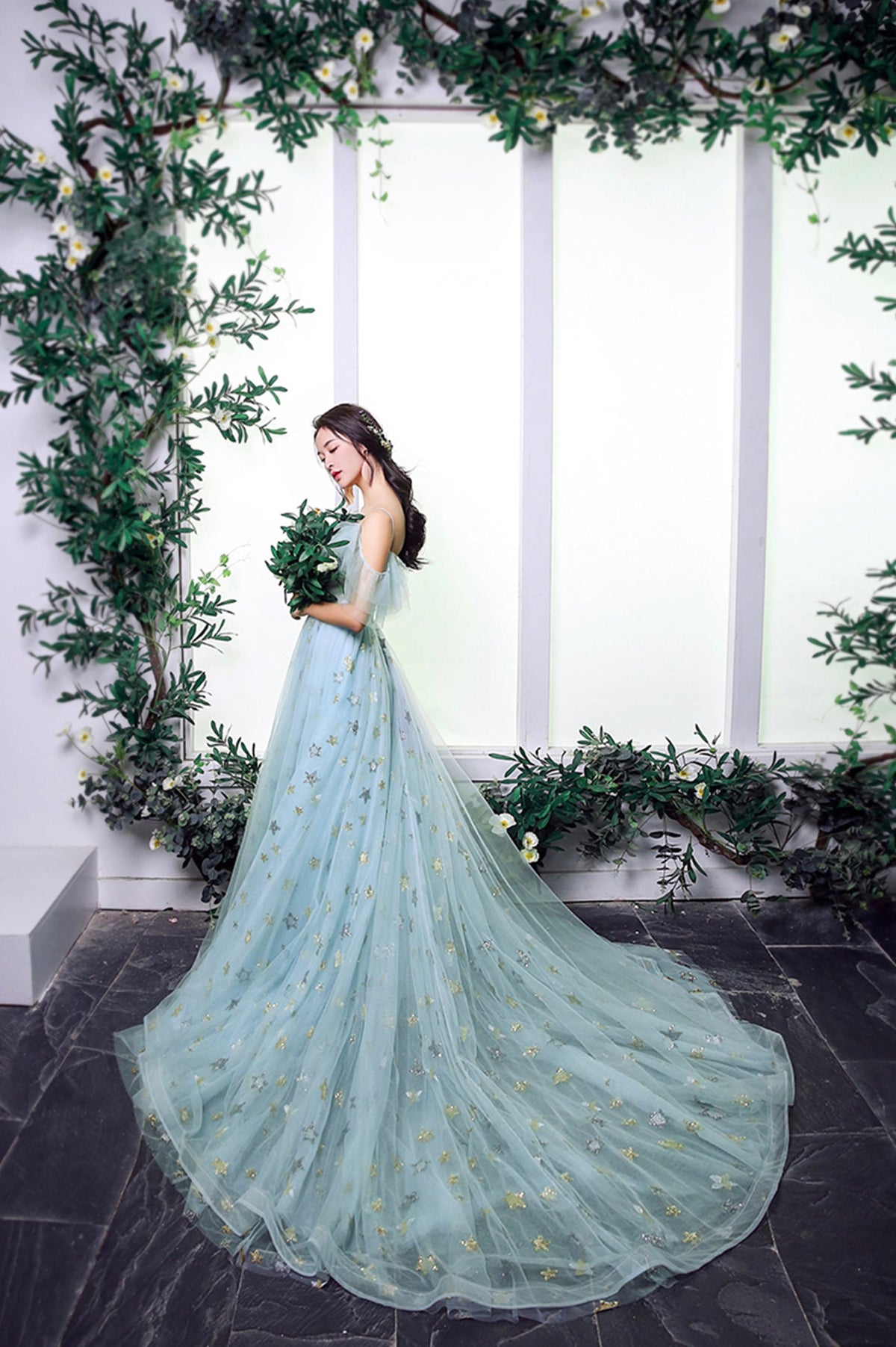 Blue Spaghetti Strap Tulle Long Prom Dress, A-Line Blue Evening Dress