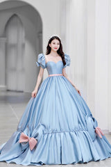 Blue Satin A-Line Princess Dress, Blue A-Line Evening Gown with Bow