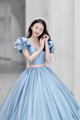 Blue Satin A-Line Princess Dress, Blue A-Line Evening Gown with Bow