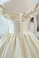 Champagne Satin Long Prom Dress with Beaded, V-Neck Evening Party Dress