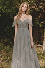 A-Line V-Neck Tulle Long Prom Dress, Gray Spaghetti Straps Evening Dress