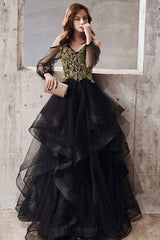 Black Spaghetti Strap Lace Long Prom Dress, Black Evening Graduation Dress