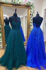 Cute Tulle Lace Long Prom Dress, A-Line Backless Evening Party Dress