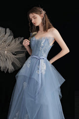 Blue Tulle Long A-Line Prom Dress with Lace, Cute Strapless Evening Party Dress