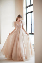 Champagne Tulle Long Prom Dress with Beaded, Cute A-Line Graduation Dress