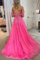 Pink Tulle Off the Shoulder Prom Dress with Lace, A-Line Evening Dress with Slit