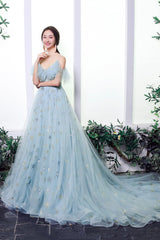 Blue Spaghetti Strap Tulle Long Prom Dress, A-Line Blue Evening Dress