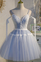 Blue Lace Short A-Line Prom Dress, Cute Spaghetti Strap Party Dress