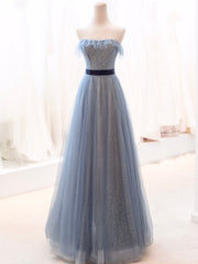 Blue Tulle Long Prom Dress, A-Line Strapless Evening Party Dress