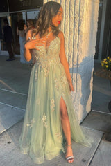 Green V-neck Lace Long Prom Dress, A-Line Evening Dress with Slit