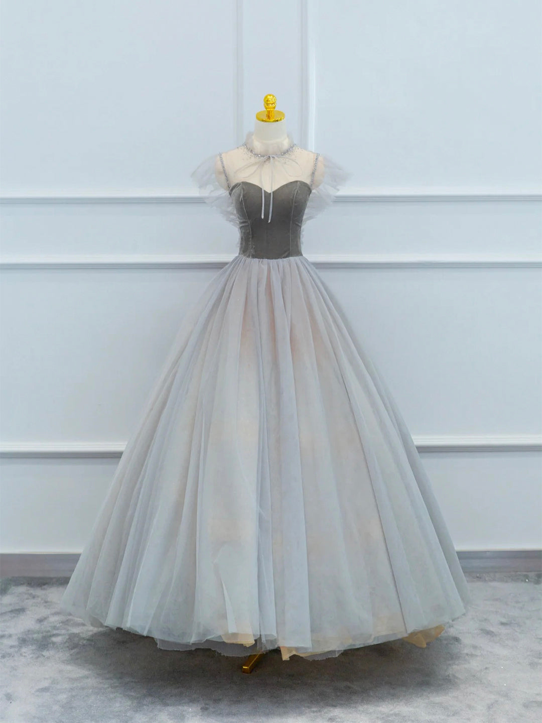 Lovely Velvet and Tulle Floor Length Prom Dress, Gray A-Line Formal Evening Dress