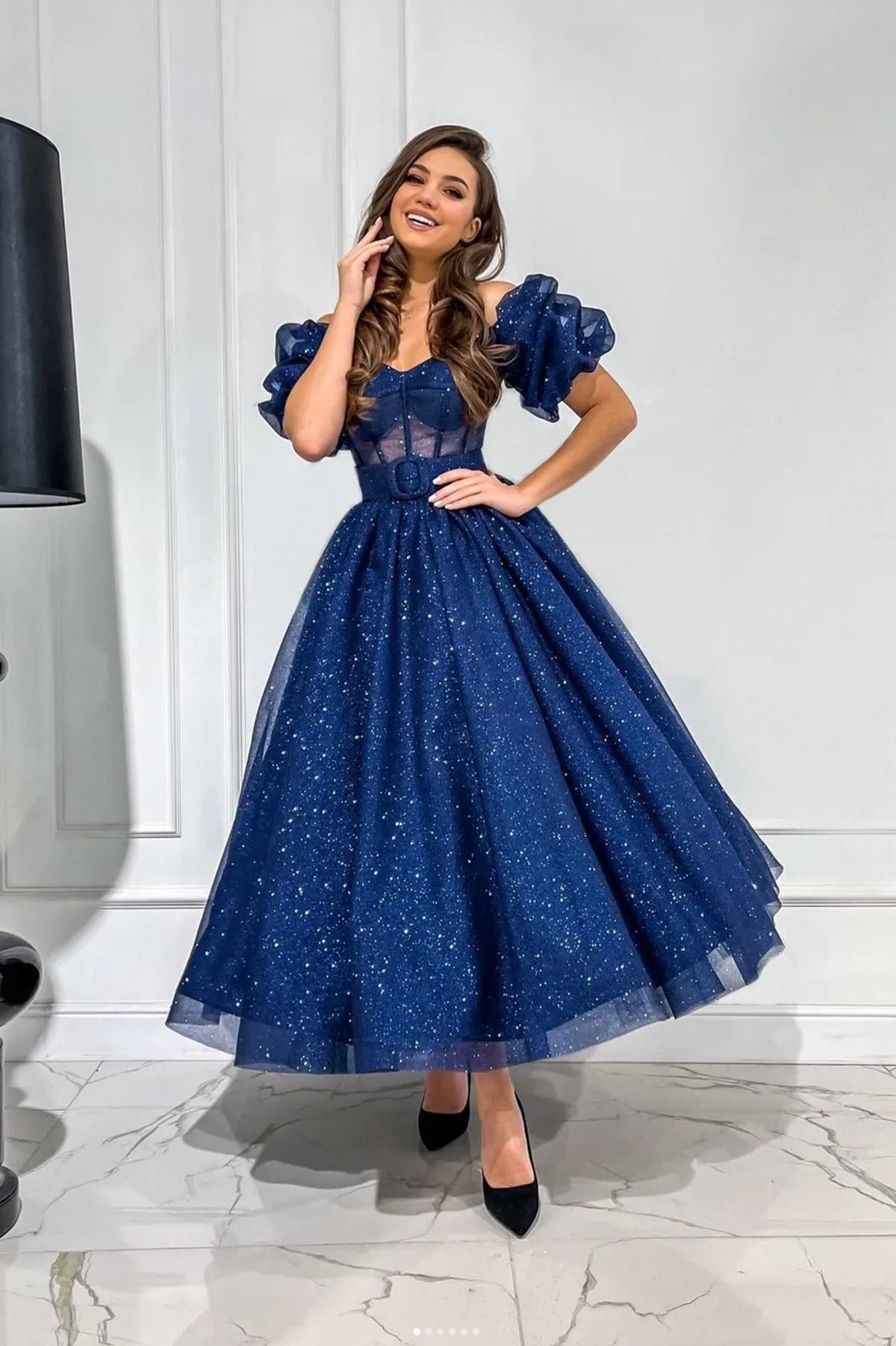 Blue Puff Sleeve Tulle Tea Length Prom Dress, Blue A-Line Party Dress