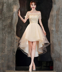 Champagne Tulle High Low Prom Dresses, A-Line Party Dresses