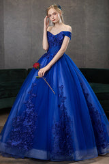 Blue Lace Long A-Line Ball Gown, Blue Off the Shoulder Formal Evening Dress