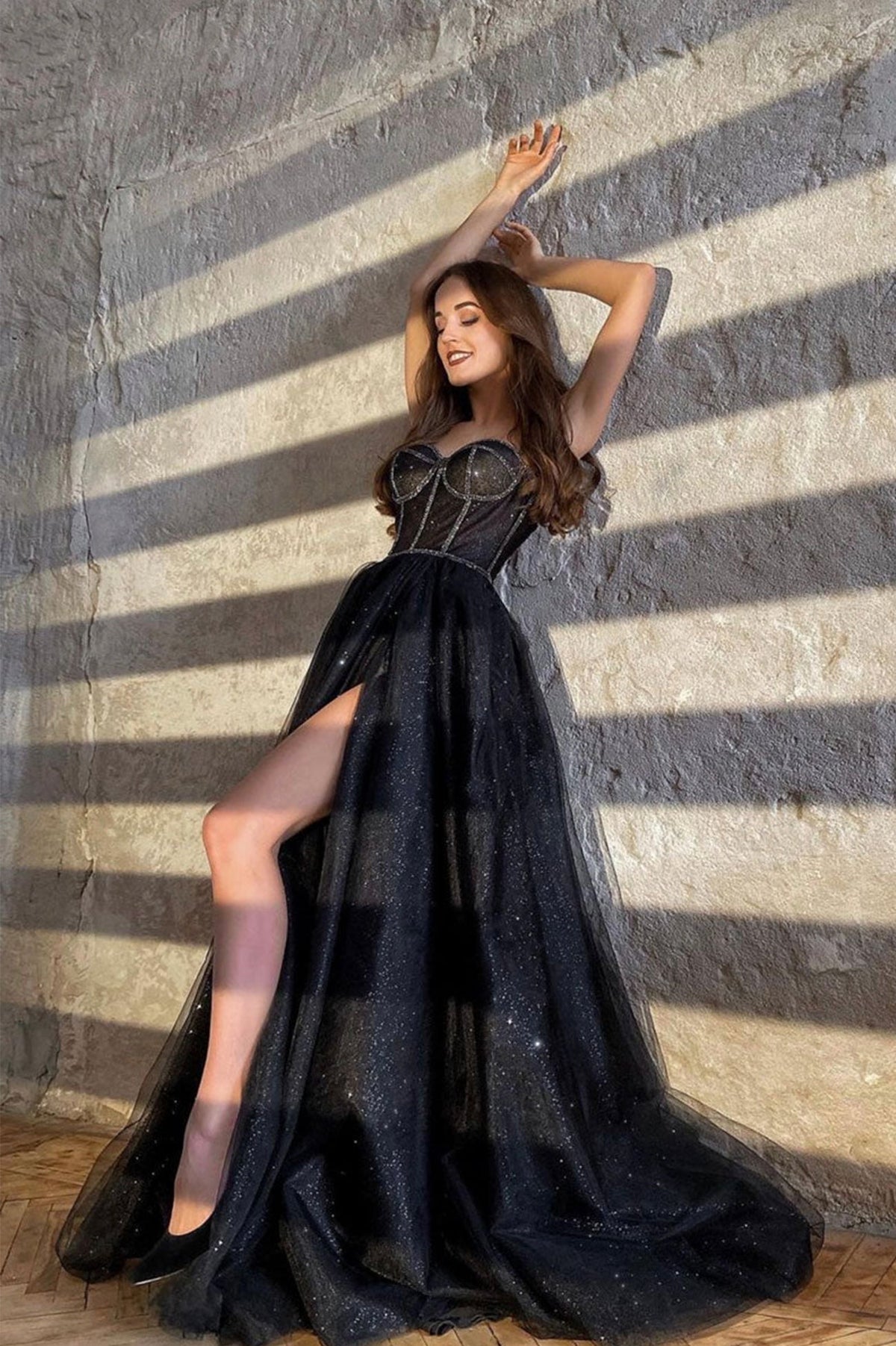 Black Tulle Long A-Line Prom Dresses, Black Evening Party Dresses