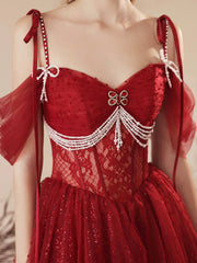 Dark Red Tulle Beaded Long Prom Dress, Beautiful Off the Shoulder Evening Party Dress