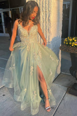 Green V-neck Lace Long Prom Dress, A-Line Evening Dress with Slit