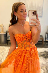 Orange Strapless Tulle Long Prom Dress with Lace, A-Line Evening Dress