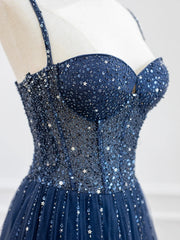 Blue Spaghetti Strap Tulle Sequins Long Prom Dress, Beautiful A-Line Evening Party Dress
