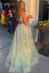 Green V-neck Lace Long Prom Dress, A-Line Evening Dress with Slit