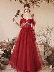 Dark Red Tulle Beaded Long Prom Dress, Beautiful Off the Shoulder Evening Party Dress
