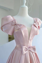 Pink Satin Long Prom Dress, Beautiful A-Line Evening Dress with Bow