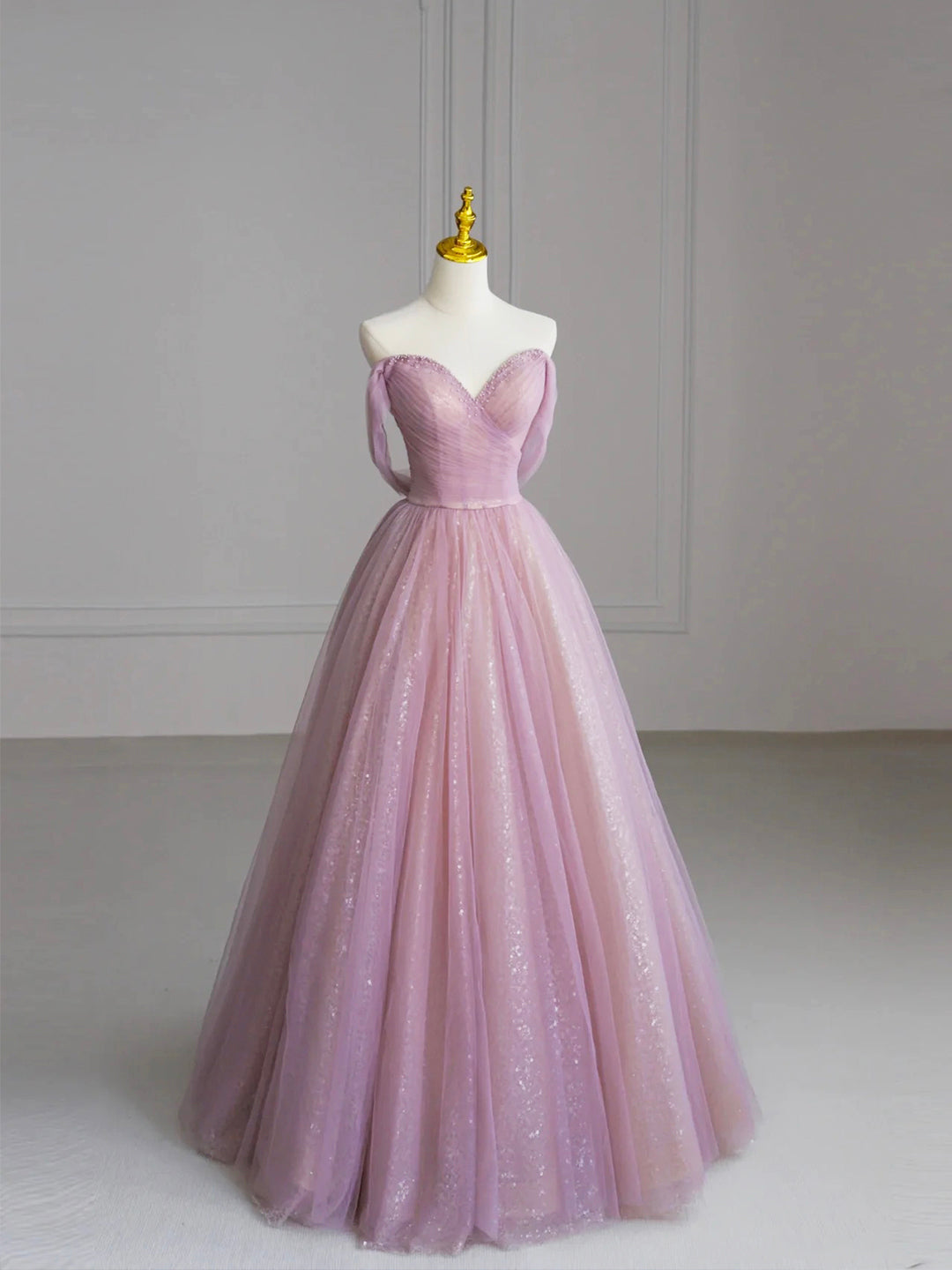 Beautiful Tulle Beaded Floor Length Prom Dress, Pink Off the Shoulder Evening Party Dress