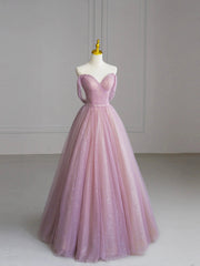 Beautiful Tulle Beaded Floor Length Prom Dress, Pink Off the Shoulder Evening Party Dress