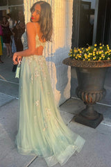 Green V-neck Lace Long Prom Dress, A-Line Evening Dress with Slit
