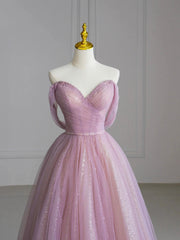 Beautiful Tulle Beaded Floor Length Prom Dress, Pink Off the Shoulder Evening Party Dress