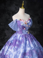 Dreamy Colorful Flowers Purple/blue Prom Dress, Fairy Off the Shoulder A-Line Princess Party Gown