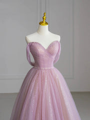 Beautiful Tulle Beaded Floor Length Prom Dress, Pink Off the Shoulder Evening Party Dress