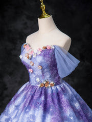 Dreamy Colorful Flowers Purple/blue Prom Dress, Fairy Off the Shoulder A-Line Princess Party Gown