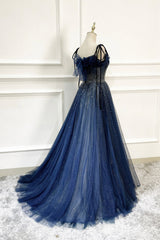 Blue Long Tulle Beaded Prom Dress, Blue Evening Party Dress