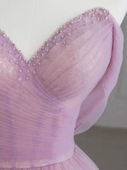 Beautiful Tulle Beaded Floor Length Prom Dress, Pink Off the Shoulder Evening Party Dress