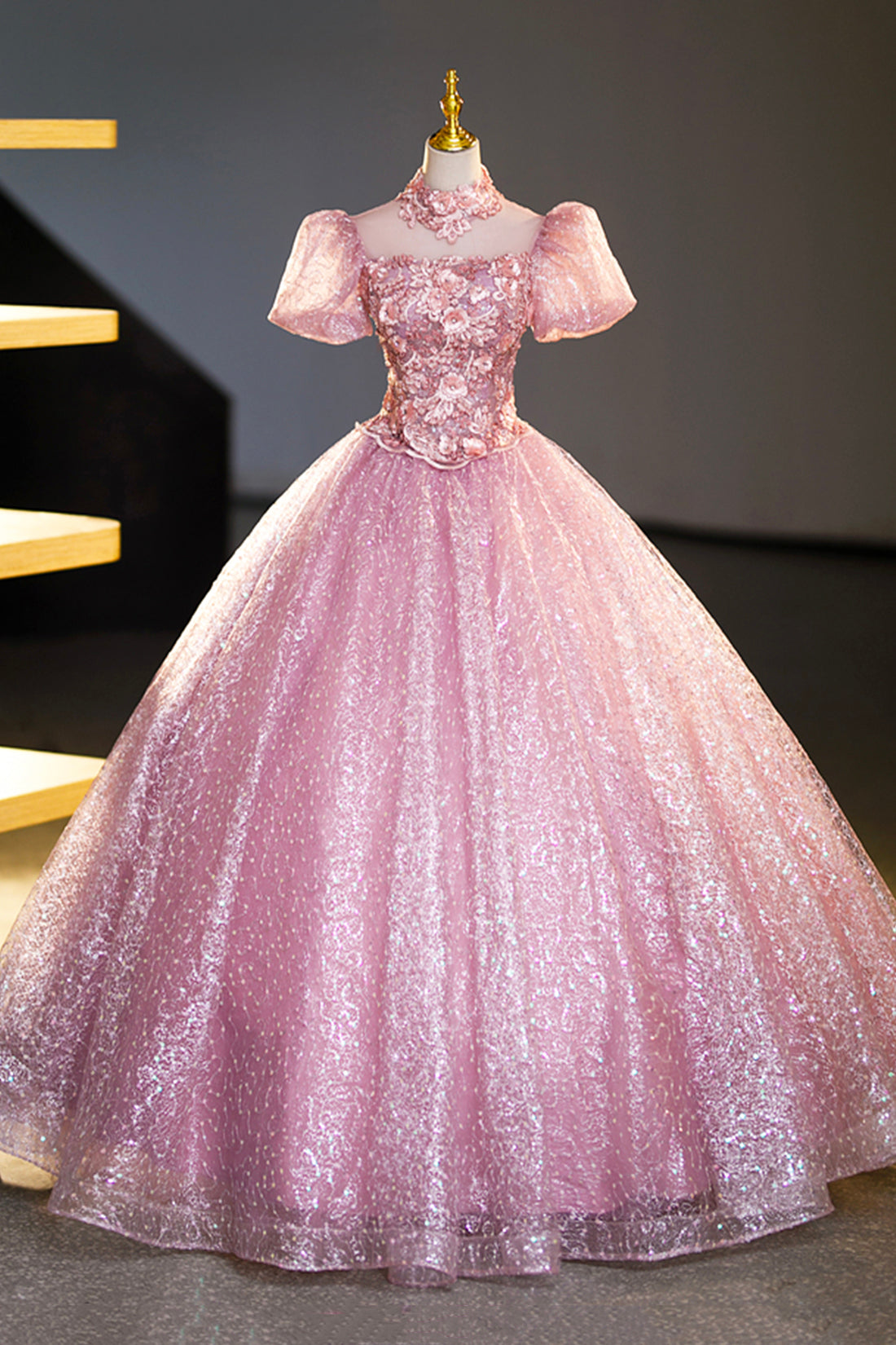 Pink Tulle Lace Princess Dress, Beautiful A-Line Evening Dress Sweet 16 Dress