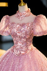 Pink Tulle Lace Princess Dress, Beautiful A-Line Evening Dress Sweet 16 Dress