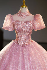 Pink Tulle Lace Princess Dress, Beautiful A-Line Evening Dress Sweet 16 Dress
