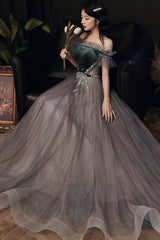 A-Line Tulle Off the Shoulder Prom Dresses, Gray Evening Dresses