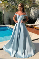 Blue Satin Long Prom Dresses, Off the Shoulder Evening Dresses