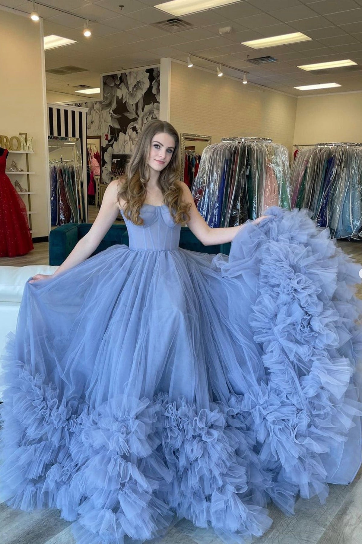 Blue Strapless Tulle Long Formal Dresses, Blue A-Line Evening Dresses