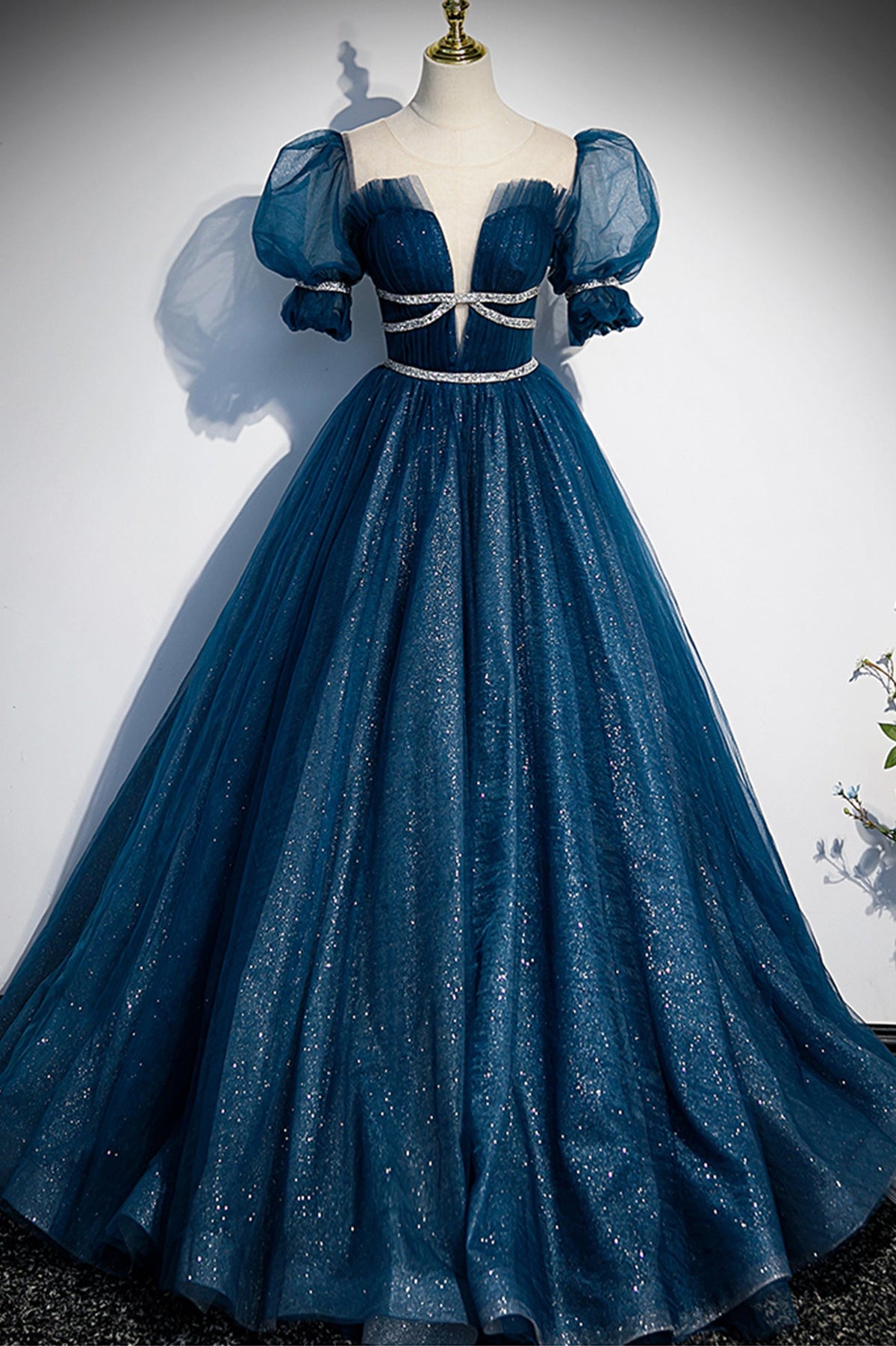 Blue Tulle Beading Long Prom Dresses, A-Line Evening Dresses