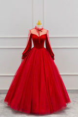 Red Velvet and Tulle Floor Length Prom Dress, Long Sleeve Beautiful A-Line Party Dress