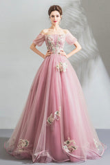 Pink Lace Long A-Line Prom Dress, Off the Shoulder Evening Party Dress