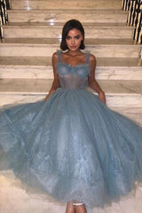 Gray Blue Lace Tea Length Prom Dress, A-Line Evening Dress with Corset Top